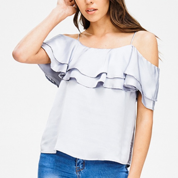 🔵ELAINE Silver Satin Ruffled Cold Shoulder Top - Picture 2 of 8